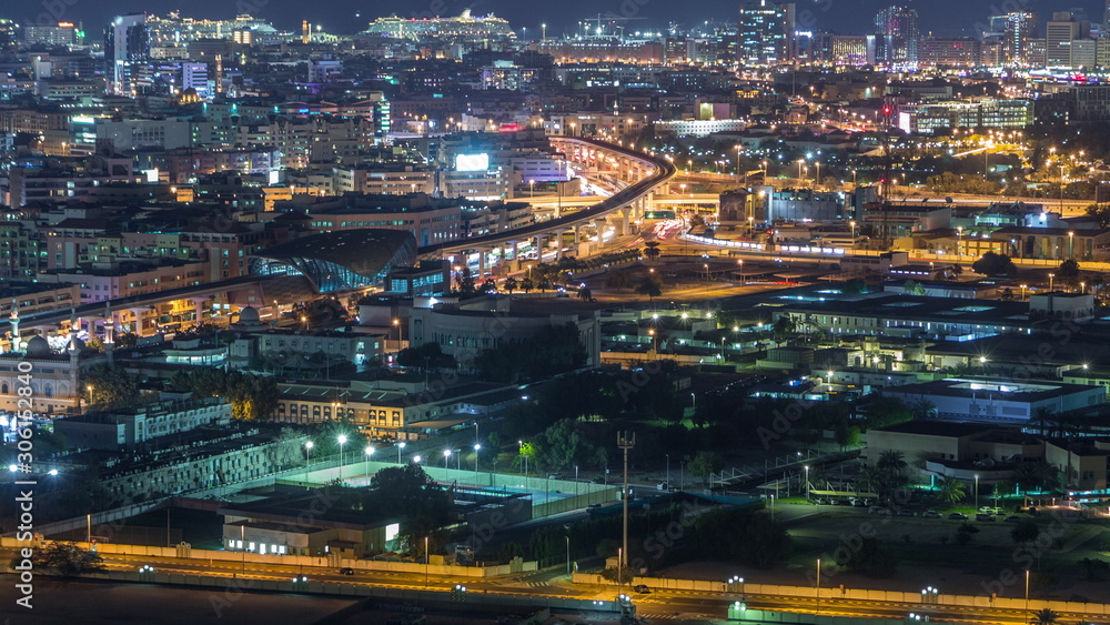 Night rhythm of the city of Dubai aerial timelapse