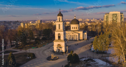 Chisinau, Moldova, 2019. Cathedral Orthodox church located in the center of the city. Aerial view