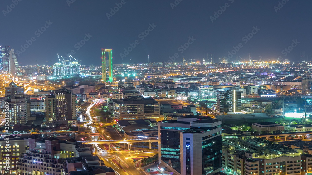 View of new modern buildings in luxury Dubai city, United Arab Emirates Timelapse Aerial