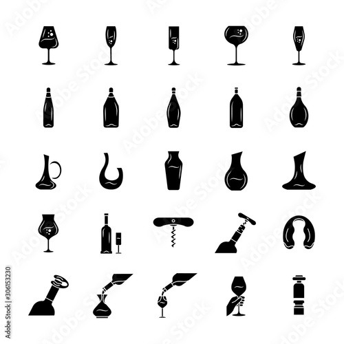 Wine and wineglasses glyph icons set. Different types of glassware and alcohol beverages. Party, bar, restaurant decanters, bottles. Barman tools. Silhouette symbols. Vector isolated illustration