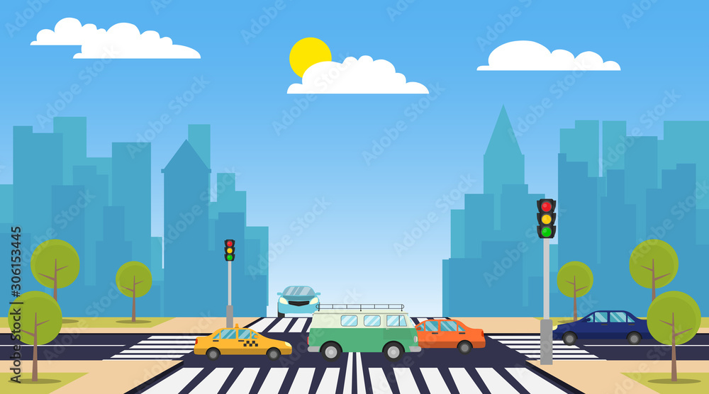 Cartoon city crossroads with cars in traffic jam, sidewalk, crosswalk ...