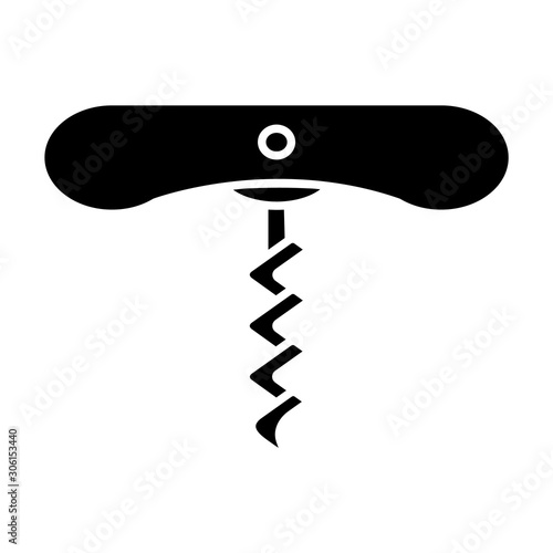 Wine corkscrew with spiral glyph icon. Bottle opening tool. Barman and sommelier equipment. Alcohol beverage device. Cork remover. Silhouette symbol. Negative space. Vector isolated illustration