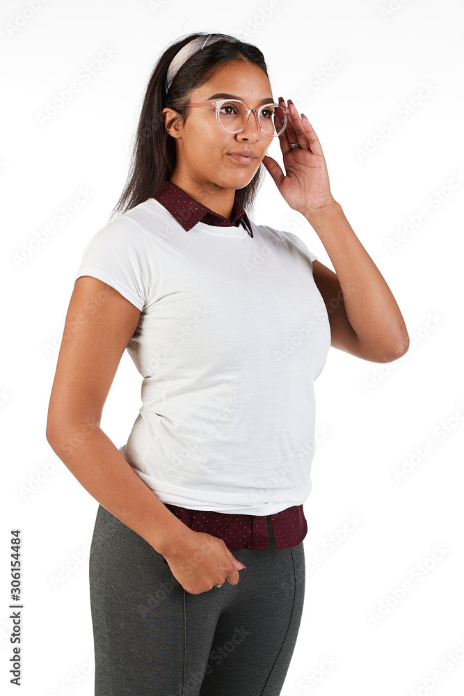 Blank t-shirt mock-up - Cute preppy, fashion geek girl ready for your design Blank t-shirt mock-up - Cute preppy, fashion geek girl ready for your design