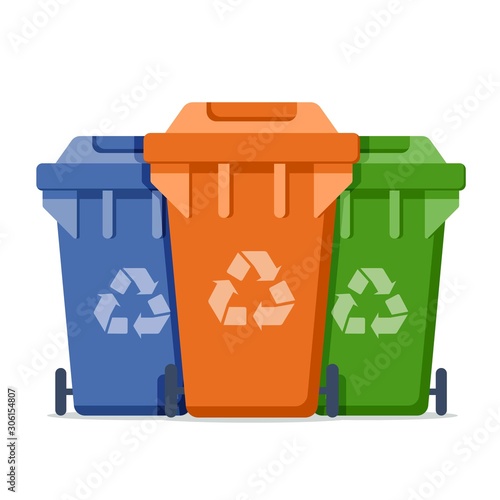 garbage cans with sorted garbage vector icons. Container dustbin for paper, glass, e-waste in flat style. Separation of waste cans for recycling. Colored waste bins. Waste management concept