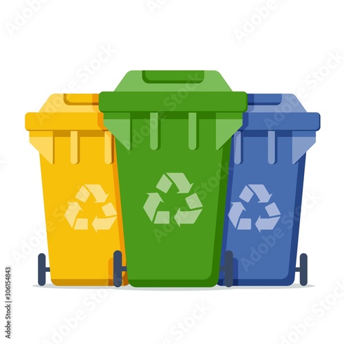 garbage cans with sorted garbage vector icons. Container dustbin for paper, metal, glass in flat style. Separation of waste cans for recycling. Colored waste bins. Waste management concept