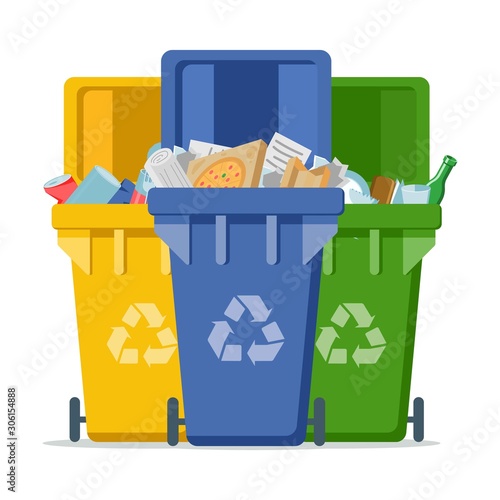 garbage cans with sorted garbage vector icons. Container dustbin for paper, metal, glass in flat style. Separation of waste cans for recycling. Colored waste bins. Waste management concept