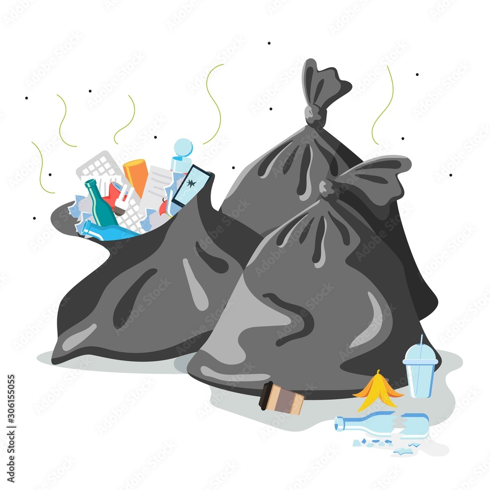 Black Plastic Garbage bag full of trash. Waste recycling and management. Bag full of overflowing trash plastic bags with box papers glass bottles e waste. Cleaning city banner template. Stock Vektorg...