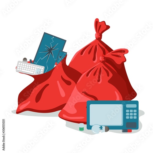 Red recycle garbage bag package for e-waste set. Banner, flyer. Separation of waste cans for recycling, reuse, reduce. Throw away electronic devices in correct trash can. TV, computer, phone, battery