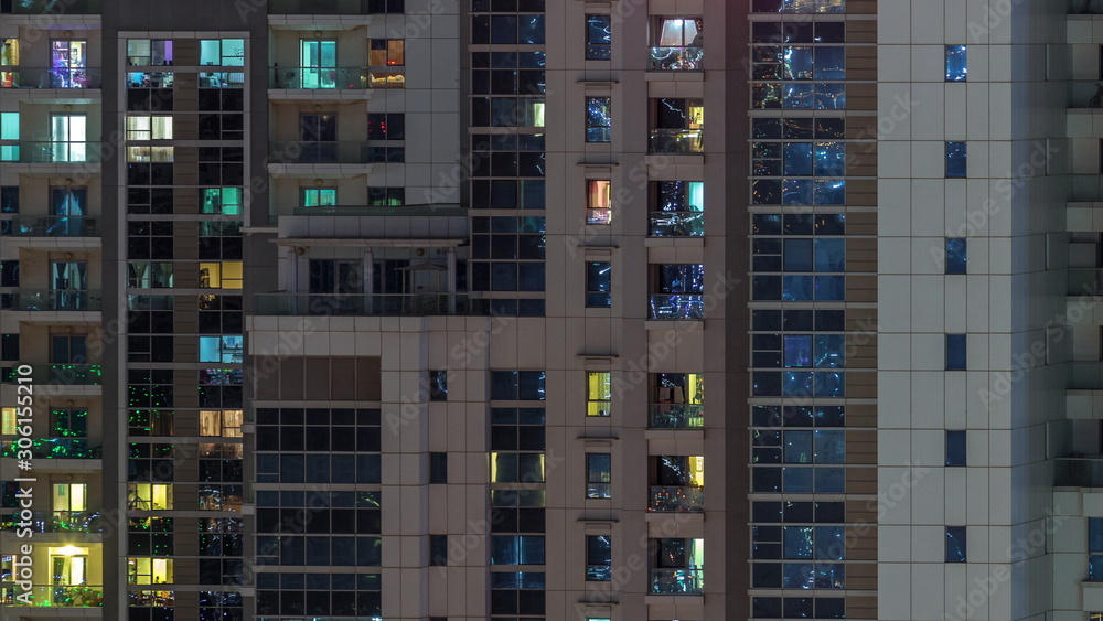 Lights from windows of offices in Dubai Aerial Timelapse