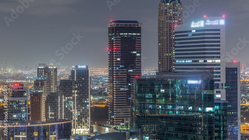 Dubai s business bay towers aerial night timelapse.