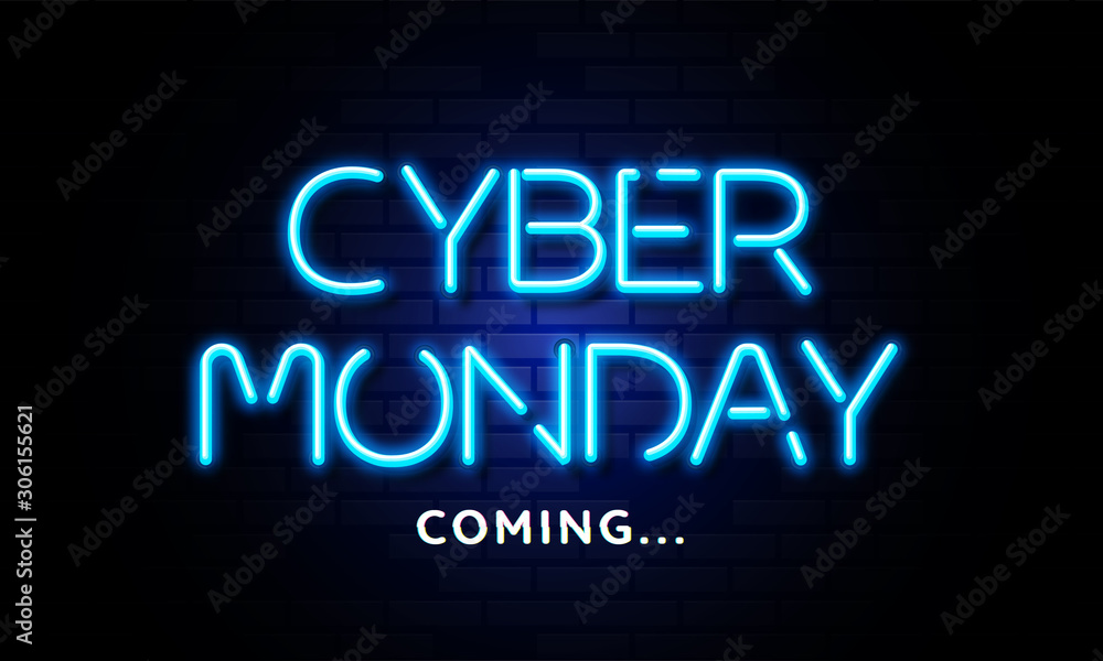 Blue neon Cyber Monday coming banner in fashionable neon style, luminous signboard, nightly advertising of sales rebates of cyber Monday. brick background.