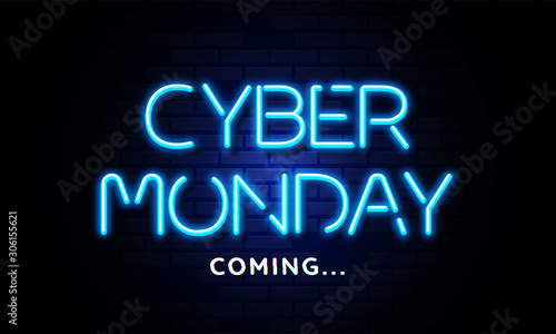 Blue neon Cyber Monday coming banner in fashionable neon style, luminous signboard, nightly advertising of sales rebates of cyber Monday. brick background.