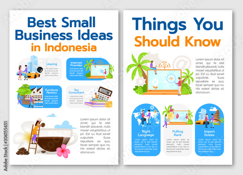 Best small business ideas in Indonesia brochure template. Flyer, booklet, leaflet print, cover design with linear illustrations. Vector page layouts for magazines, annual reports, advertising posters