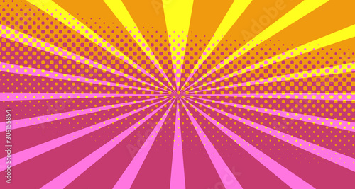 Vintage colorful comic book background. Pink Orange blank bubbles of different shapes. Rays, radial, halftone, dotted effects. For sale banner empty Place for text 1960s. Copy space vector eps10.