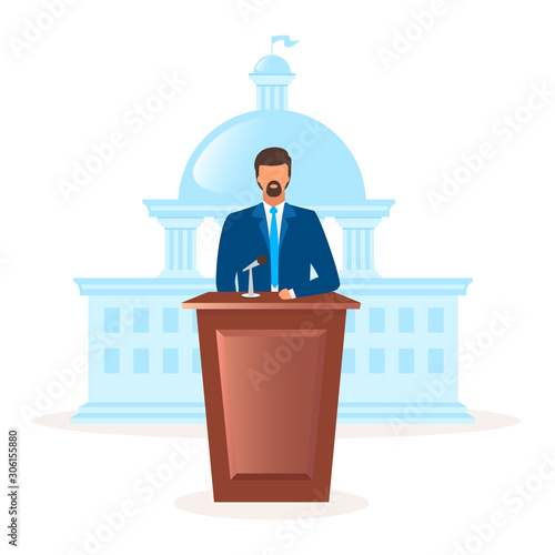 Democracy political system metaphor flat vector illustration. Form of government. President, head of state. Parliament leadership. Representative of republic state cartoon characters