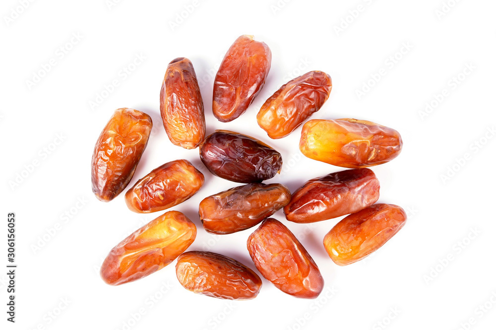Date palm fruits on white background, Top view Date palm fruits on white background, Top view