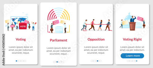 Election process onboarding mobile app page screen with vector template. Voting for president. Walkthrough website steps with flat characters. UX, UI, GUI smartphone cartoon interface concept