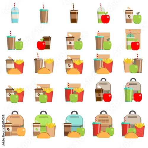 Lunchbox with cheese sandwich, tomato slices, potato chips, paper bag, schoolbag for school or work set. Dinner lunch container with snacks, meals homemade food. Vector isolated sketch illustration