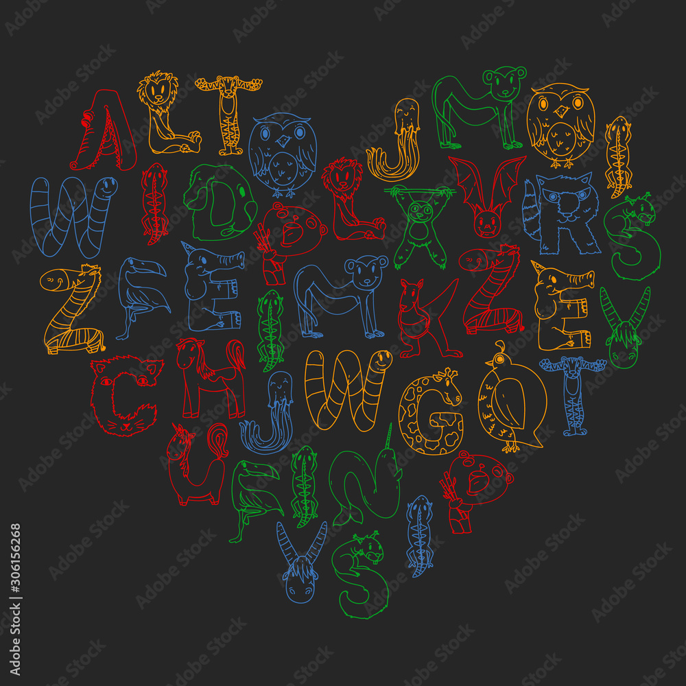 Animal alphabet. Zoo alphabet. Letters from A to Z. Cartoon cute animals. Elephant, dog, flamingo, giraffe, horse, alligator, bear, cat.