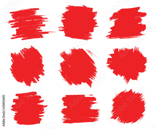Set of red grunge brush strokes. Red brush paintings. Distressed brushes. Vector elements.