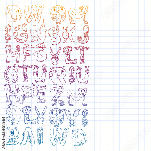 Animal alphabet. Zoo alphabet. Letters from A to Z. Cartoon cute animals. Elephant, dog, flamingo, giraffe, horse, alligator, bear, cat.