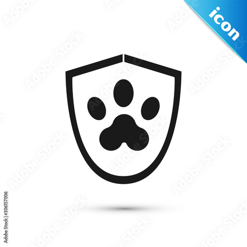 Black Animal health insurance icon isolated on white background. Pet protection icon. Dog or cat paw print. Vector Illustration