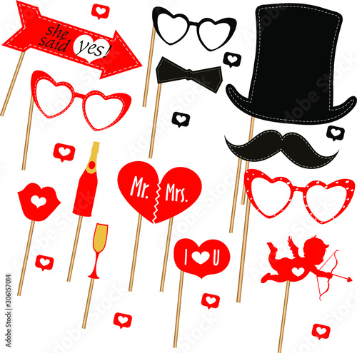 Photo booth template. Collection decorative elements, such as moustache, hat, glasses, cupid, heart. Set of sticker of the Valentine day. Wedding vector elements on isolated background.