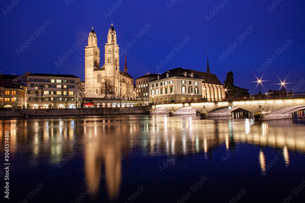 scenic view of historic Zurich city center with famous Grossmunster Churches and river Limmat at Lake Zurich, Canton of Zurich, Switzerland
