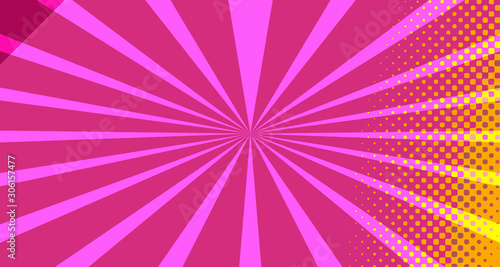 Vintage colorful comic book background. Pink Orange blank bubbles of different shapes. Rays  radial  halftone  dotted effects. For sale banner empty Place for text 1960s. Copy space vector eps10.