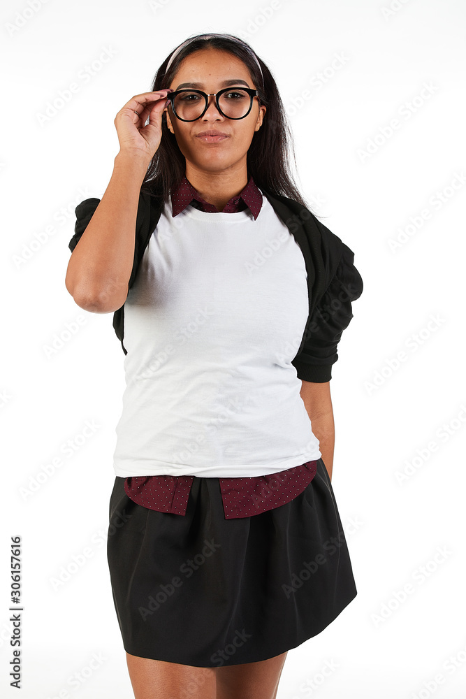 Blank t-shirt mock-up - Cute preppy, fashion geek girl ready for your design Blank t-shirt mock-up - Cute preppy, fashion geek girl ready for your design