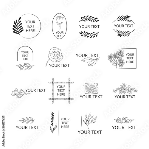 Collection of hand drawn wedding branding monograms with floral elements and flowers. Wreaths, frames and borders for feminine design. Vector isolated.