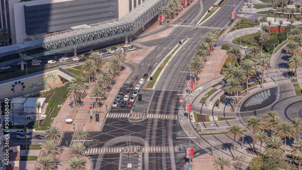 Naklejka premium View of intersection with many transports in traffic Timelapse Aerial