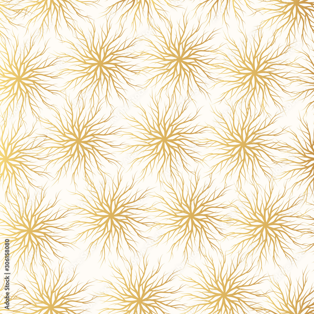 Abstract golden tree root  seamless pattern. Gold christmas snowflakes background. Vector isolated timber texture for textile. Natural wrapping paper design.