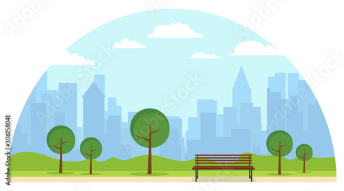 Public park with a bench on the background of green lawn. A bench in the park against the background of the cityscape. Cartoon illustration of a public