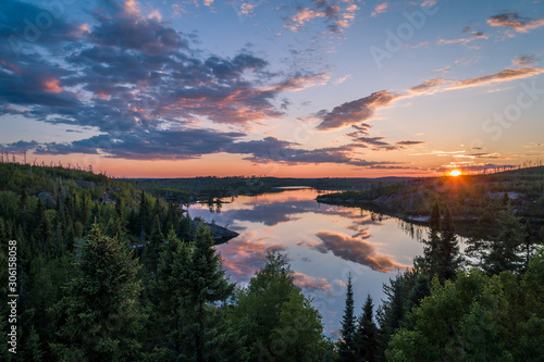 An aerial photo taken at sunset of Winnange Lake located in Northwest Ontario  Canada.