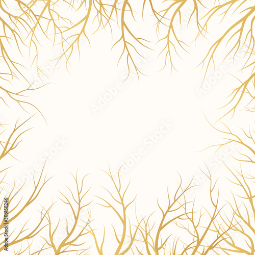 Tree root ornate golden frame. Gold autumn border. Vector isolated timber background.