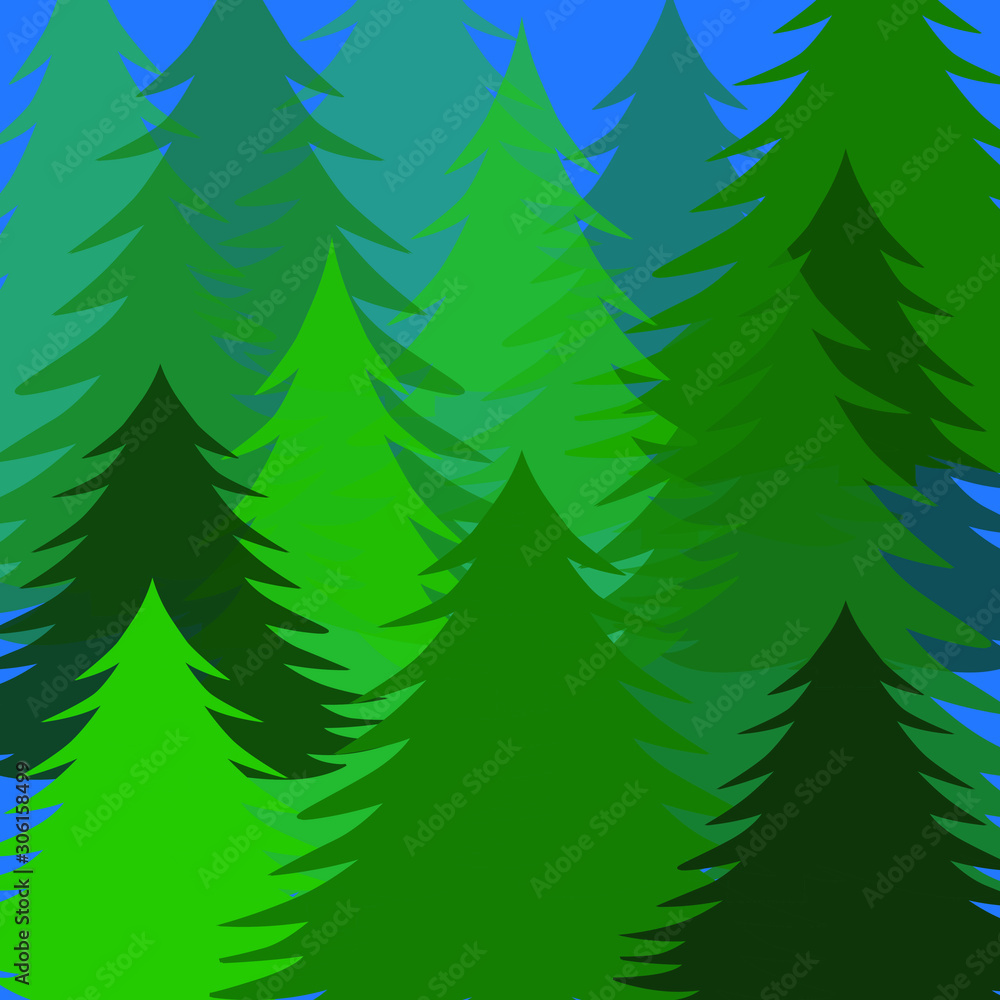 Silhouette of green Christmas trees on a blue background.