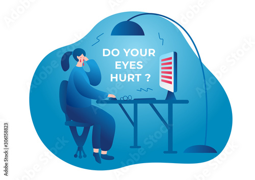 Do your eyes hurt. A woman sits at a table, rubs her eyes, works at a computer monitor. Her eyes hurt and watery. Vector flat illustration