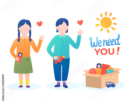 Girl and boy waving hand with love. Lettering inscription We need you. Vector stock flat illustration