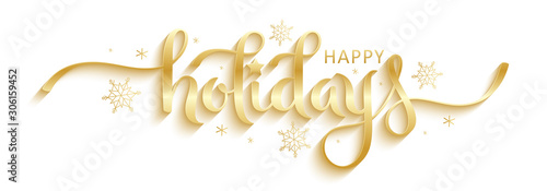 HAPPY HOLIDAYS gold vector brush calligraphy banner with snowflakes