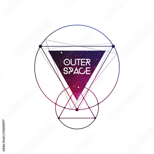 Outer Space scientific template with logo area. Hipster triangles and interlocking circles with space texture. Vector design for music albums, posters, web design and mobile application.