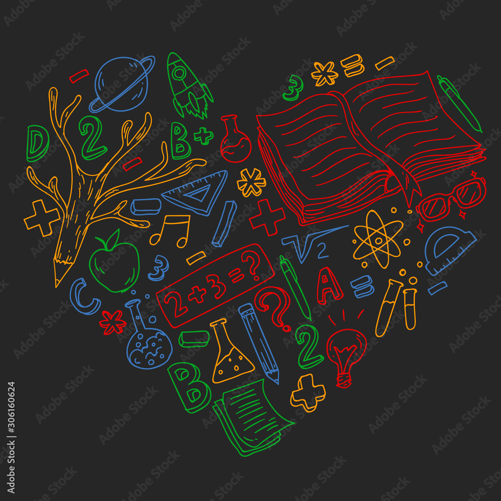 School, college, university, kindergarten pattern with vector elements and icons. Creativity and imagination.