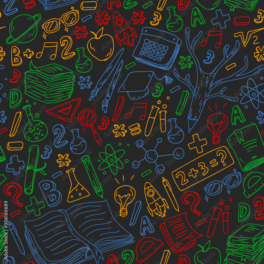 Obraz premium Seamless pattern. School, college, university, kindergarten pattern with vector elements and icons. Creativity and imagination.