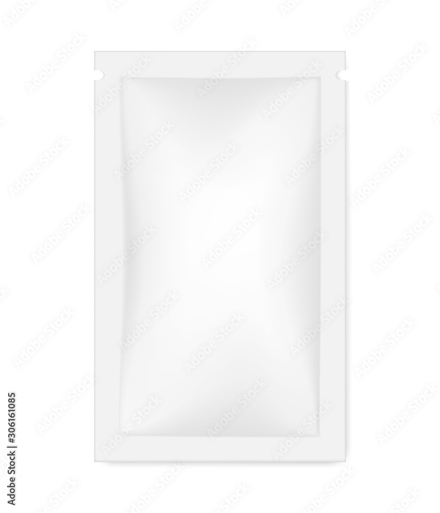 Blank white sachet package, realistic vector mockup Blank white sachet package, realistic vector mockup
