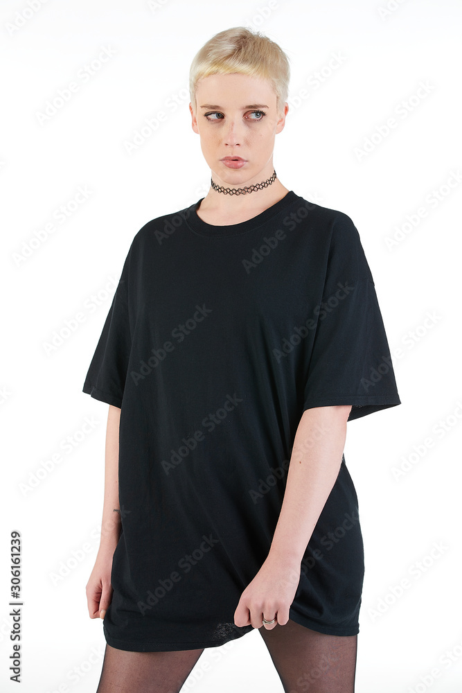 Blank t-shirt mock-up - Cool streetwear fashion girl ready for your design Blank t-shirt mock-up - Cool streetwear fashion girl ready for your design