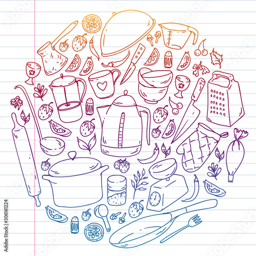 Cooking class, menu. Kitchenware, utencils Food and kitchen icons