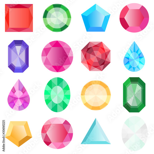 Gems isolated on white background. Jewels set, gems and diamonds icons isolated, different colors flat design. Vector jewels or precious diamonds gem