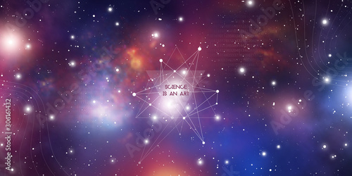 Widescreen futuristic technology illustration in front of outer space background with copy space. Cyberspace and network connection design template with glowing particles and geometric lines.