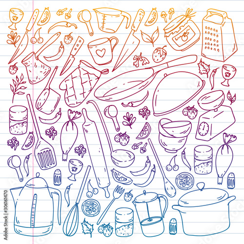 Cooking class, menu. Kitchenware, utencils Food and kitchen icons