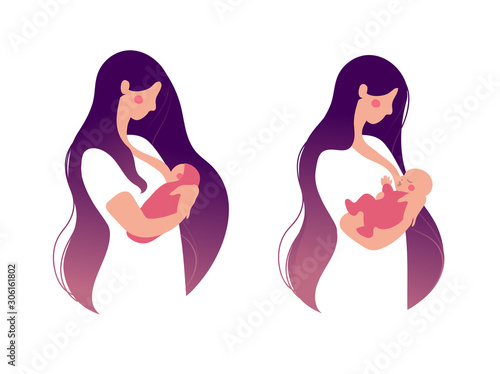 Illustration of breastfeeding, lactation. A mother breastfeeds her baby. The concept of motherhood, health, family, childhood support. Cartoon vector illustration isolated on white background